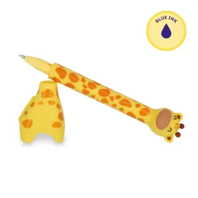 Caneta amarelo com padrão de girafa e tampa em forma de girafa com texto LEGAMI MILANO