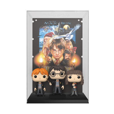 Figuras Funko Pop Harry Potter com cartaz do filme ao fundo