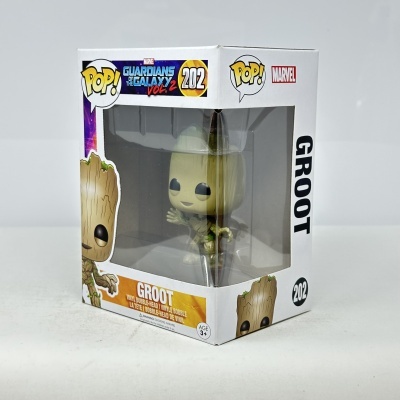 Figura vinil Pop! Groot Guardians of the Galaxy Vol. 2 nº 202 em caixa branca com janela transparente.