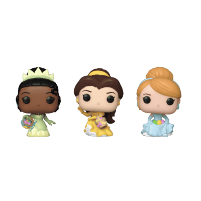 Três bonecos Funko Pop de personagens femininas com vestidos coloridos