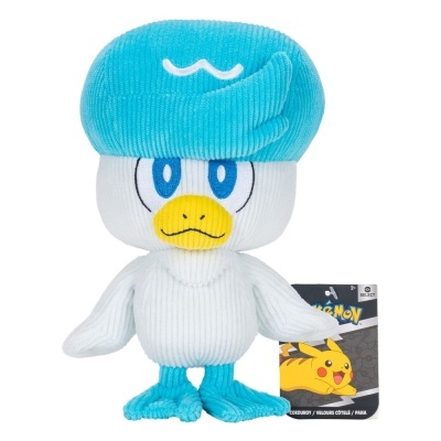 Pelúcia de Pokémon Piplup azul e branco com etiqueta do Pikachu