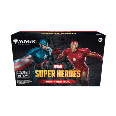 Caixa do jogo Magic The Gathering Marvel Super Heroes Beginner Box com Capitão América e Homem de Ferro