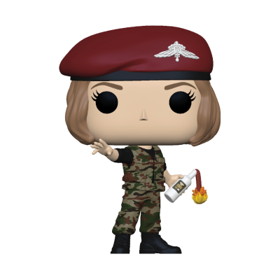 Funko Pop personagem feminina com fato militar camuflado e boina bordô