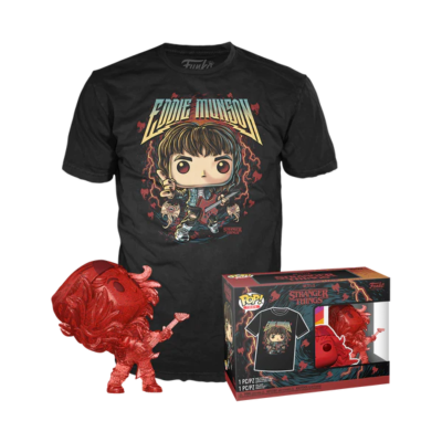 Conjunto fã Stranger Things com t-shirt preta Eddie Munson e figura Funko Pop vermelha