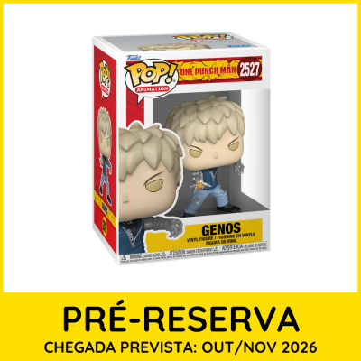 Funko Pop! Genos One Punch Man em caixa de vidro com texto pré-reserva em amarelo