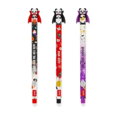 Três lápis temáticos de Halloween com ponteiras de panda e asas coloridas