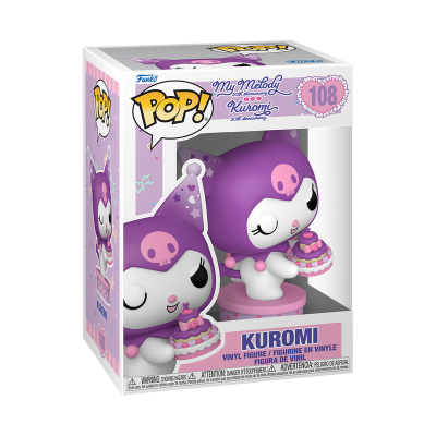 Figura de vinil Kuromi roxa e branca segurando bolo em caixa Pop! 108