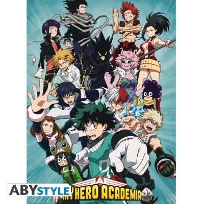 Poster do anime My Hero Academia com personagens em poses dinâmicas e fundo azul