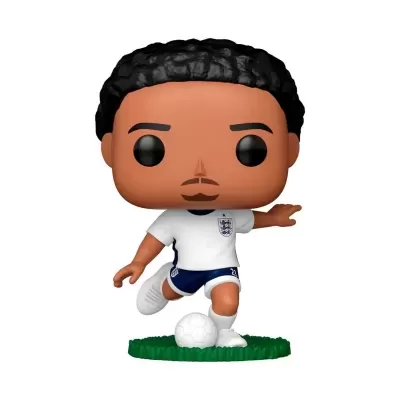 Figura Funko Pop jogador de futebol vestido com uniforme branco e azul com bola