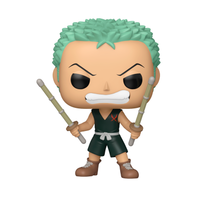 Funko Pop de personagem com cabelo verde, roupa preta e duas espadas.