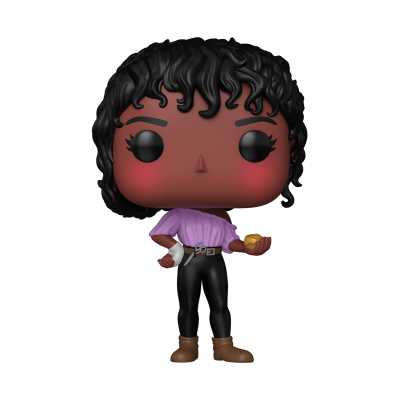 Figura Funko Pop com blusa roxa, calças pretas e botas castanhas