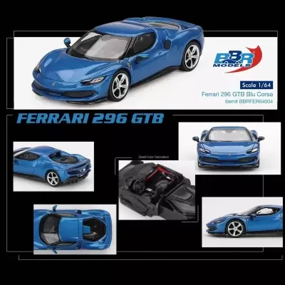 Miniatura azul metálica Ferrari 296 GTB em várias vistas