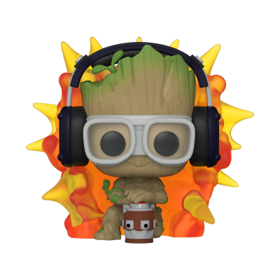 Figura Funko Pop do personagem Groot com headphones e lata, fundo explosivo