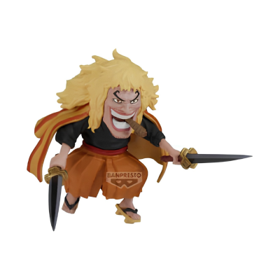 Figura colecionável com duas espadas, cabelo loiro e charuto.