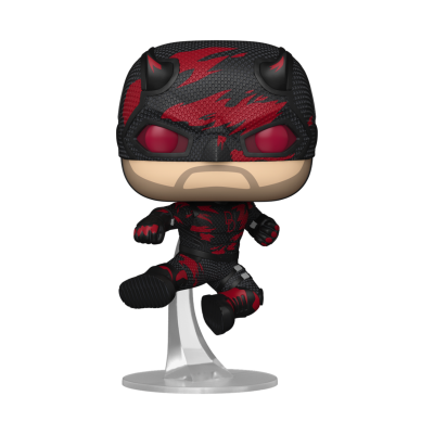 Figura Funko Pop de super-herói em traje preto e vermelho com máscara e chifres
