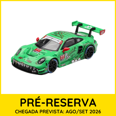 Modelo de carro de corrida Porsche verde com asa traseira grande, número 77 e detalhes vermelhos
