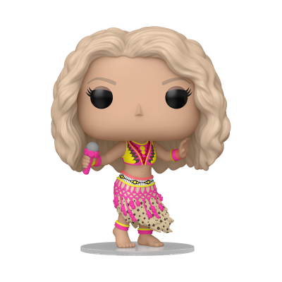 Boneca Funko Pop cantora loira com microfone e roupa rosa e amarela