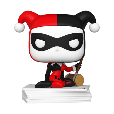 Figura de vinil Harley Quinn vermelho e preto com martelo sentado em cartas