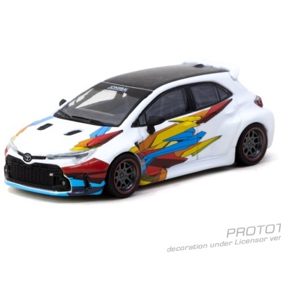 Miniatura de carro branco com decoração colorida e rodas pretas