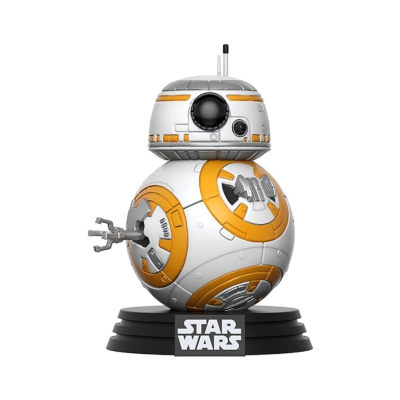 Figura colecionável BB-8 Star Wars branca e laranja sobre base preta com logotipo