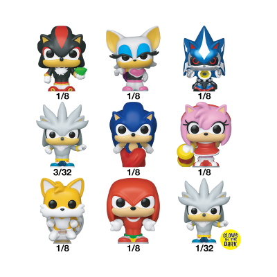 Nove figuras Funko Pop dos personagens Sonic em várias cores e poses, incluindo uma etiqueta amarela GLOWS IN THE DARK.