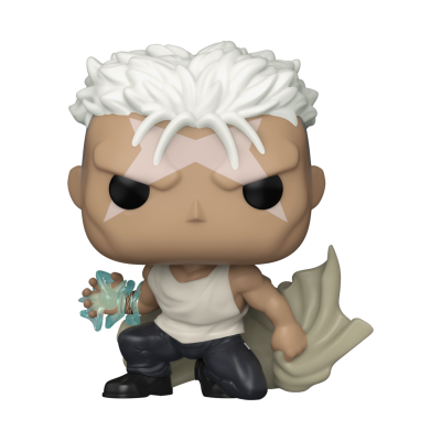 Figura Funko Pop com cabelo branco, olhos pretos com desenho de estrela, colete e calças preto e branco, esfera azul e manto bege.