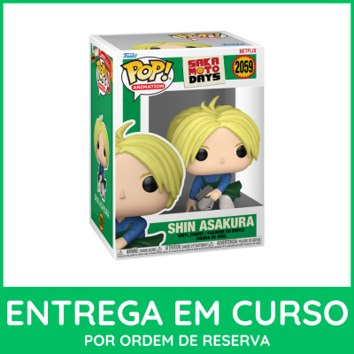 Funko Pop Shin Asakura da Sakamoto Days, caixa branca e verde