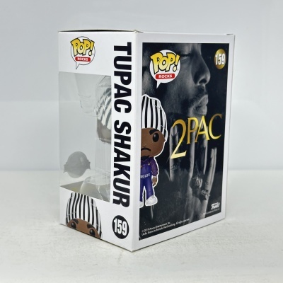 Embalagem Funko Pop! Rocks Tupac Shakur número 159 com figura e imagem preta e branca de Tupac