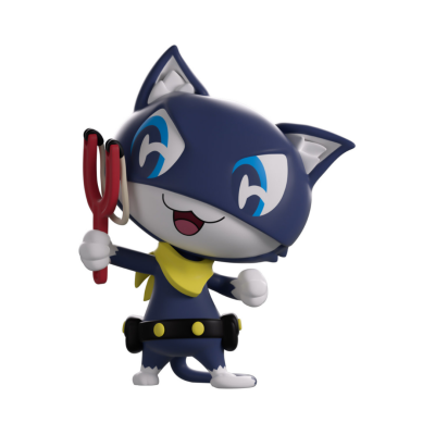 Figura de gato de brinquedo azul com lenço amarelo e estilingue vermelho