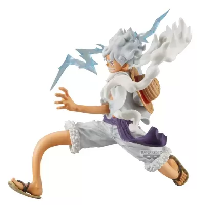 Figurina de personagem de anime com efeitos elétricos e nuvens brancas