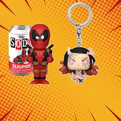Figura colecionável Deadpool e porta-chaves com figura estilizada sobre fundo amarelo pontilhado