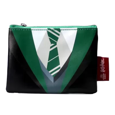 Bolsa com padrão de fato verde e branca e etiqueta vermelha Harry Potter