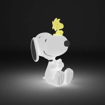 Candeeiro infantil Snoopy branco com Woodstock amarelo a emitir luz