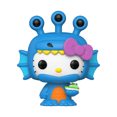 Funko Pop da Hello Kitty com traje de monstro azul e laço rosa segura um barco pequeno