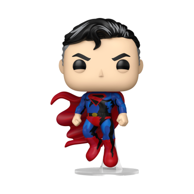 Figura Funko Pop de super-herói com fato azul e preto e capa vermelha