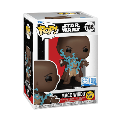 Funko Pop Mace Windu de Star Wars na embalagem com relâmpagos azuis e texto