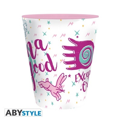Copo branco com tampa rosa e desenhos coloridos com coelho e mão espiral.