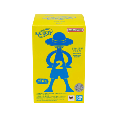 Embalagem amarela com figura azul e texto relacionados a One Piece Luffys