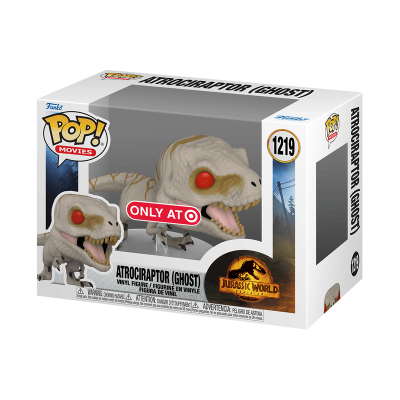 Boneco Funko Pop! Atrociraptor (Ghost) da Jurassic World em caixa