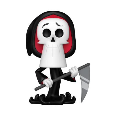 Boneco estilizado da figura da Morte com túnica preta e capuz vermelho, segurando uma foice