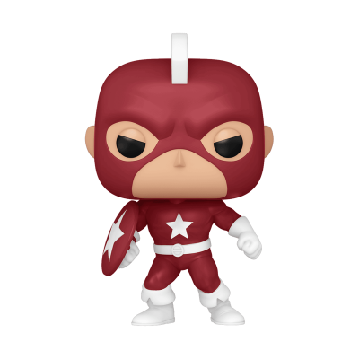 Figura colecionável de super-herói vermelho com estrelas brancas e escudo