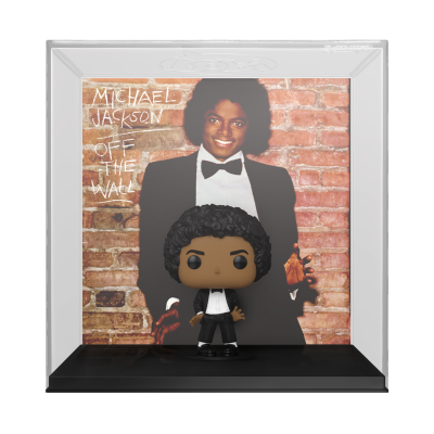 Figura Funko Pop de Michael Jackson em estojo com capa do álbum Off The Wall em fundo de tijolos