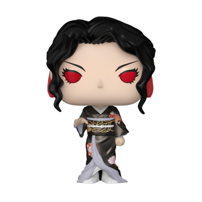 Figura Funko Pop com vestido tradicional preto e cinza e olhos vermelhos