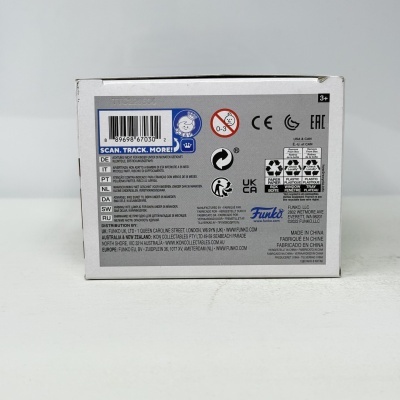 Parte traseira da embalagem Funko Pop com códigos e instruções de segurança.