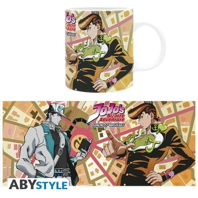 Caneca com personagens de anime JoJo's Bizarre Adventure e texto comemorativo