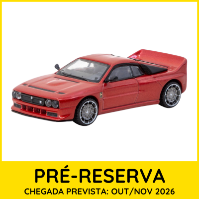 Miniatura de carro desportivo vermelho em fundo branco com moldura amarela e texto de pré-reserva