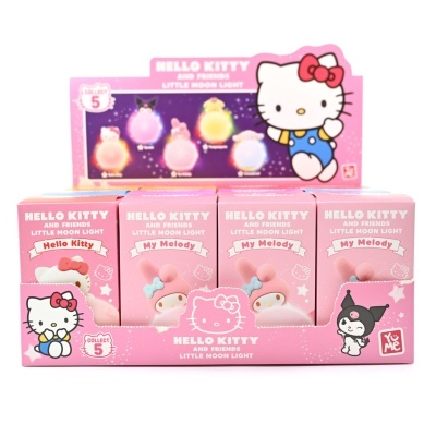 Expositor rosa com luzes lunares Hello Kitty e My Melody em caixas individuais