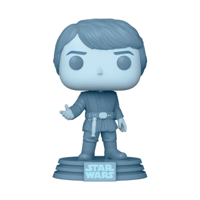Funko Pop azul de personagem de Star Wars em base redonda com logo