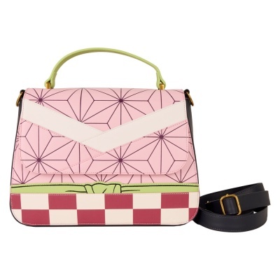 Mala de mão rosa com padrão geométrico e alça preta