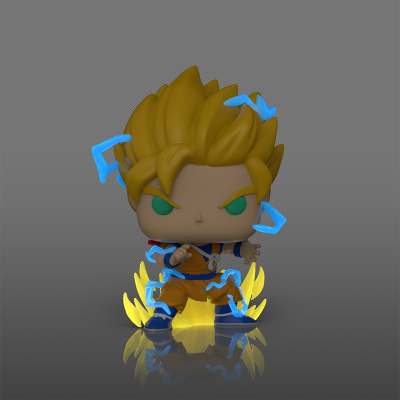 Funko Pop personagem com cabelo amarelo e roupa laranja com efeitos de energia azuis e amarelos